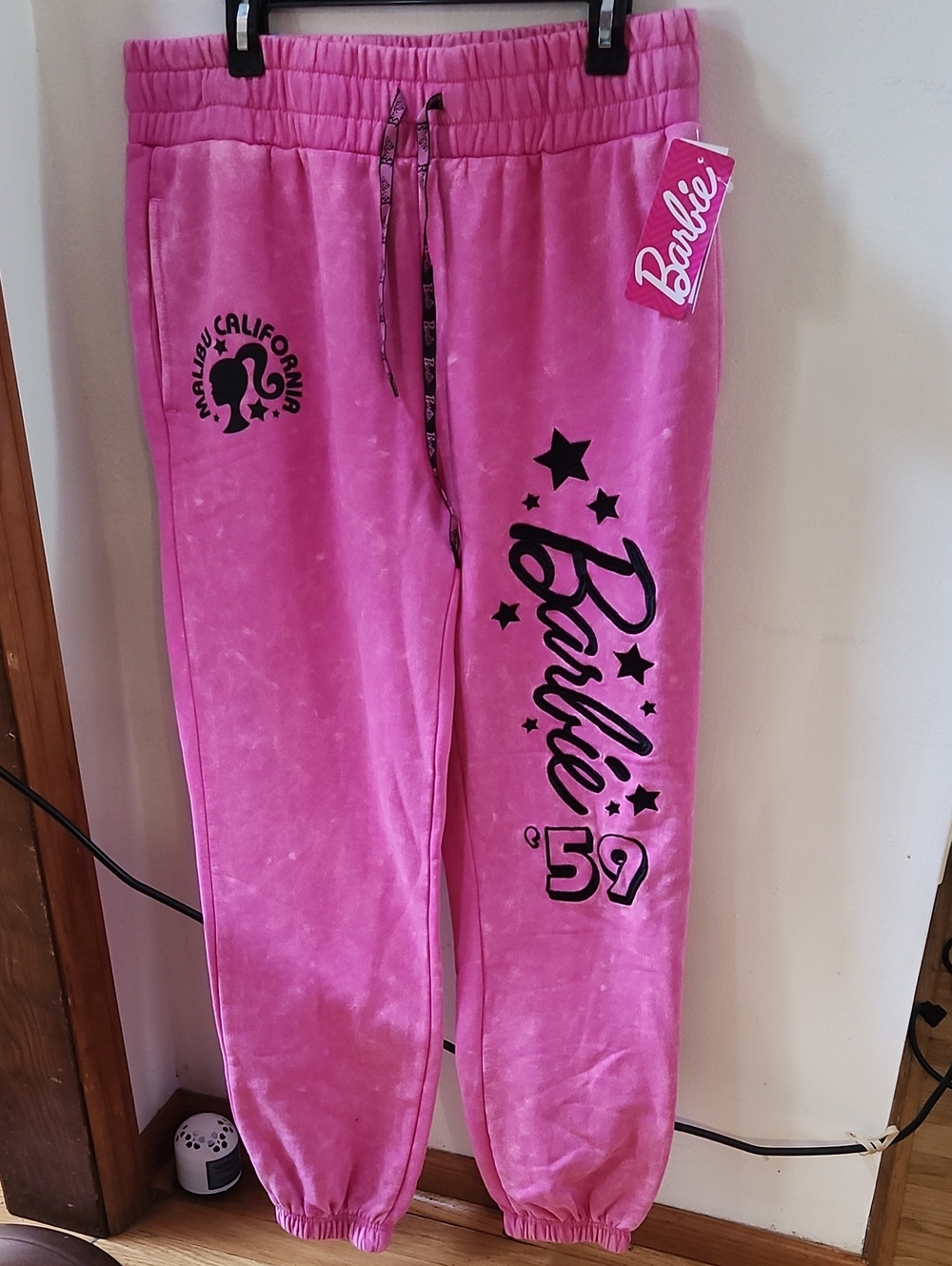 Barbie Hot Pink Velour Jogger Pants with Black Graphics,New
